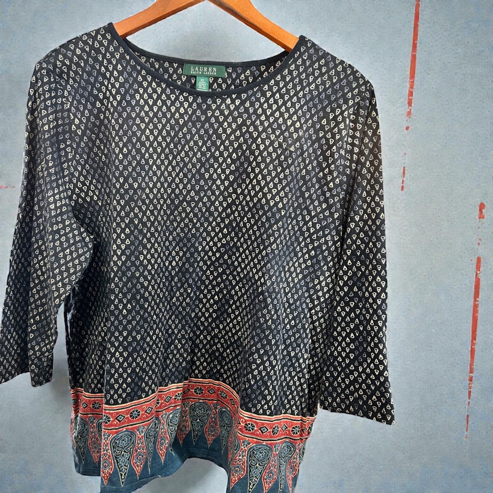 LAUREN Ralph Lauren Womens Top 2X Black Geometric Border Print 3/4 Sleeve